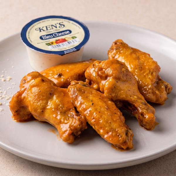 Buffalo chicken wings coated in orange sauce on a gray plate with a cup of bleu cheese dressing.