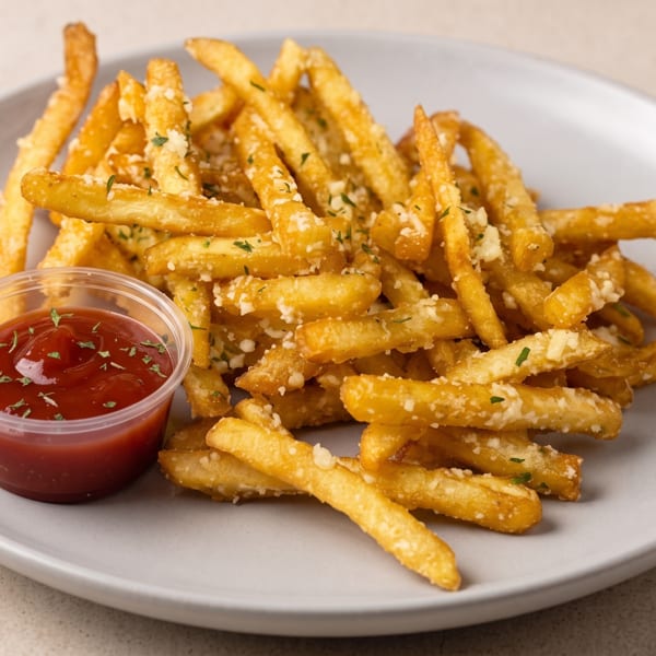 Golden garlic-and-herb fries piled on a gray plate with a cup of ketchup.