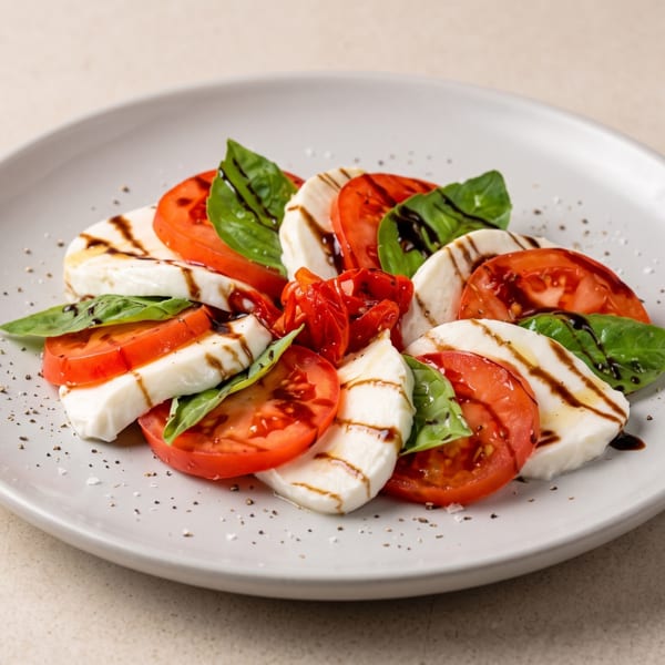 Caprese salad with tomatoes, grilled mozzarella, fresh basil, balsamic glaze, salt, and pepper on a gray plate.