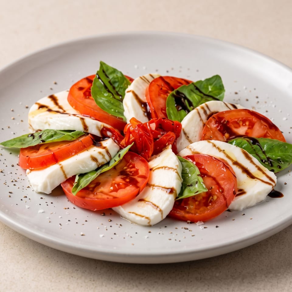 Caprese salad with tomatoes, grilled mozzarella, fresh basil, balsamic glaze, salt, and pepper on a gray plate.