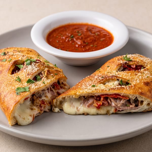 Two cheesy, meat-filled calzones topped with herbs and Parmesan, served with marinara sauce on a gray plate.