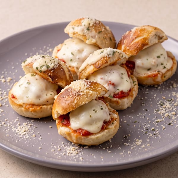 Plate of small pizza sliders topped with melted mozzarella, tomato sauce, herbs, and grated cheese.