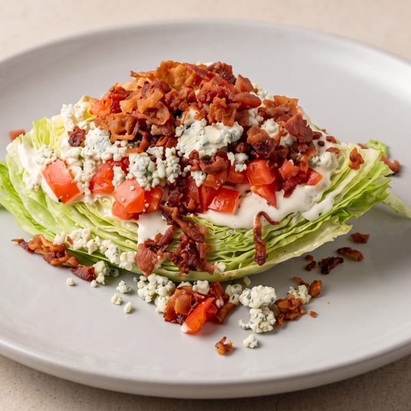 Iceberg wedge salad topped with blue cheese crumbles, diced tomatoes, creamy dressing, and crispy bacon on a gray plate.