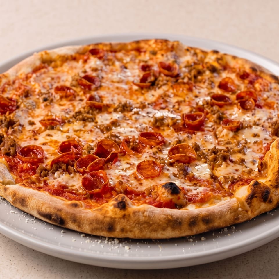 Loaded pepperoni and sausage pizza with melted cheese and charred crust, served on a white plate.