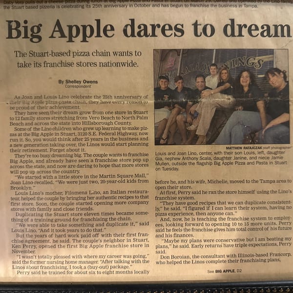 Six smiling people, including Louis and Joan Lino, pose outside Big Apple Pizza and Pasta.